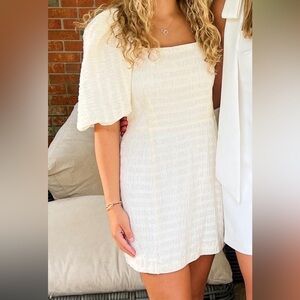 White and Pink Asymmetrical Sheath Mini Dress with Flutter Sleeves